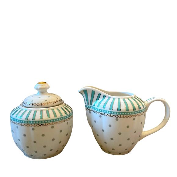 Grace Teaware Fine Porcelain Creamer & Sugar Aqua Blue & White Dots Stripes New - Picture 1 of 16